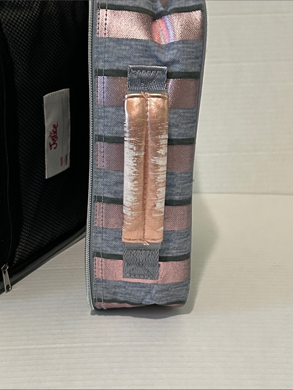 Justice ‘A’ Glitter Gray Backpack & Lunchbox Set with Rose Gold Polka Dots - Picture 10 of 16